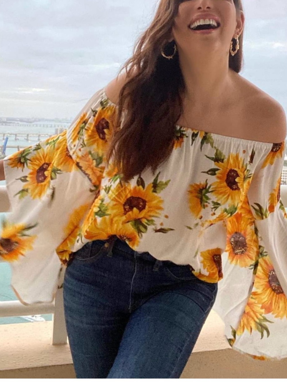 White Off-Shoulder Sunflower Print Blouse